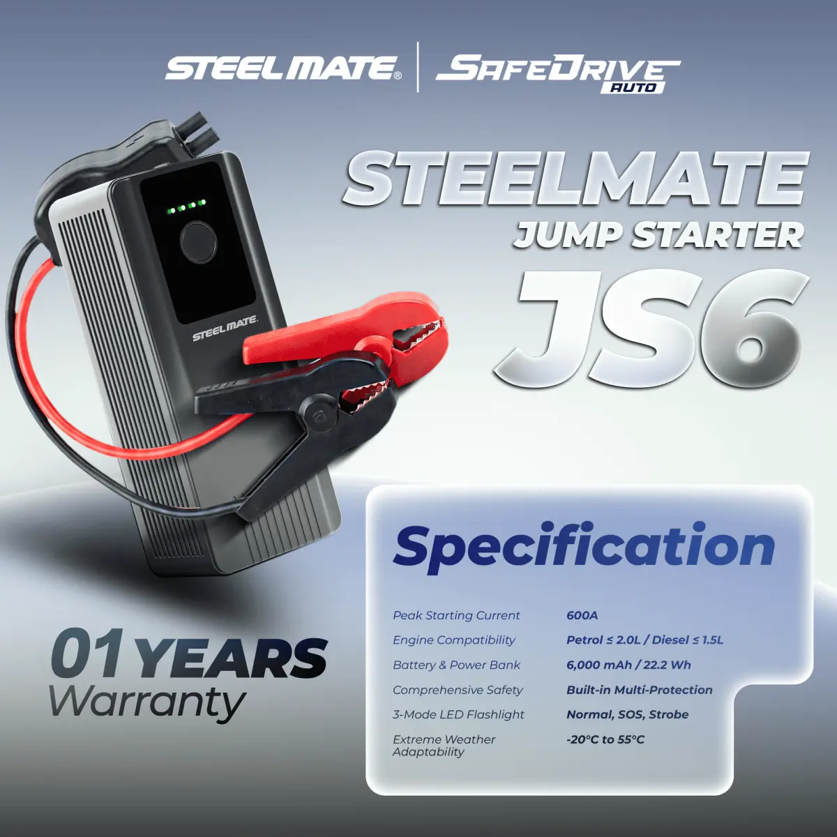 STEELMATE JS6 Portable Car Jump Starter 600A 6000mAh Emergency Power Booster for 3.0L Petrol Vehicles