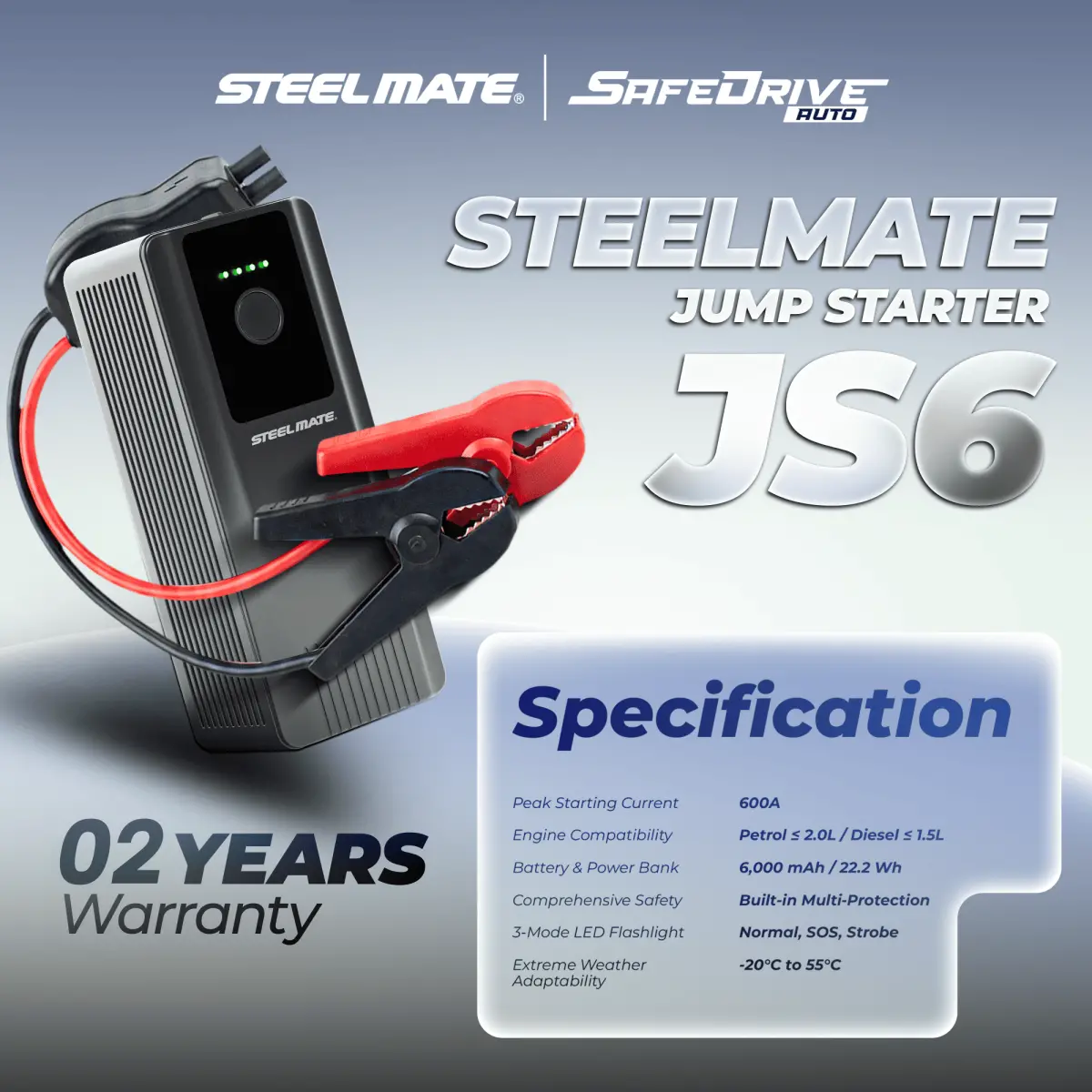 STEELMATE JS6 Portable Car Jump Starter 600A 6000mAh Emergency Power Booster for 3.0L Petrol Vehicles
