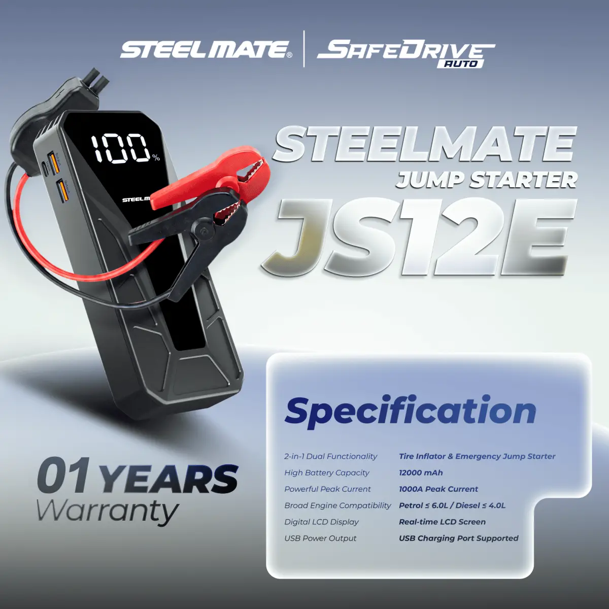 STEELMATE JS12E Heavy Duty Jump Starter 1000A 12000mAh for 6.0L Petrol & 4.0L Diesel