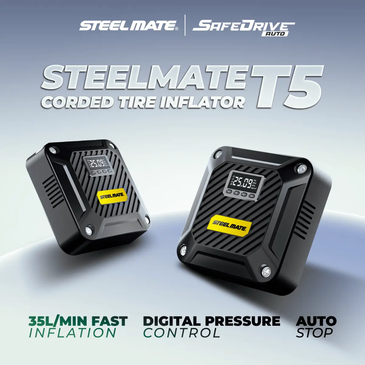 Car Tyre Inflator STEELMATE T5 Portable Air Compressor 35L/Min Auto Stop Digital Display