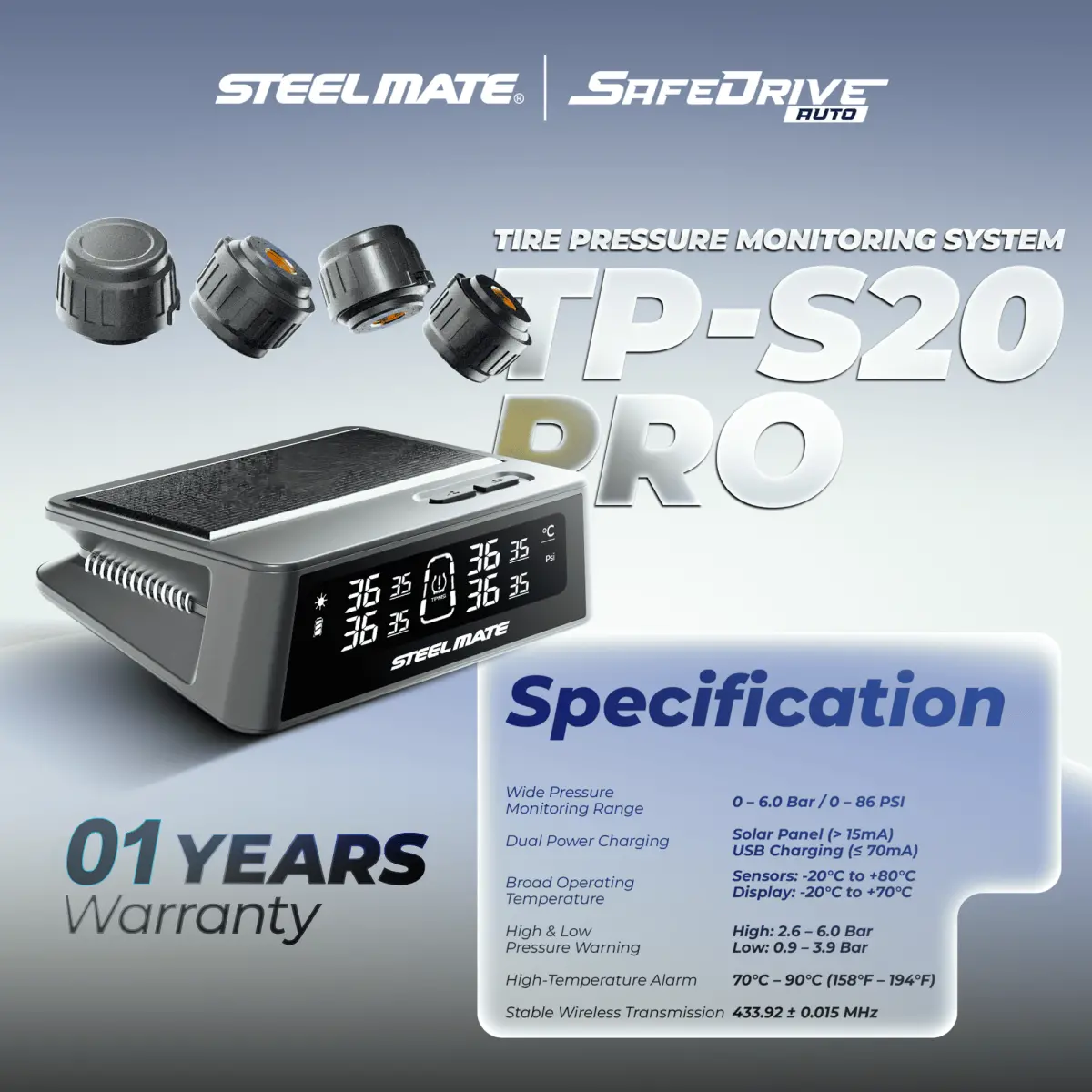 STEELMATE TP-S20 PRO TPMS Tyre Pressure Monitoring System External Valve Solar Display