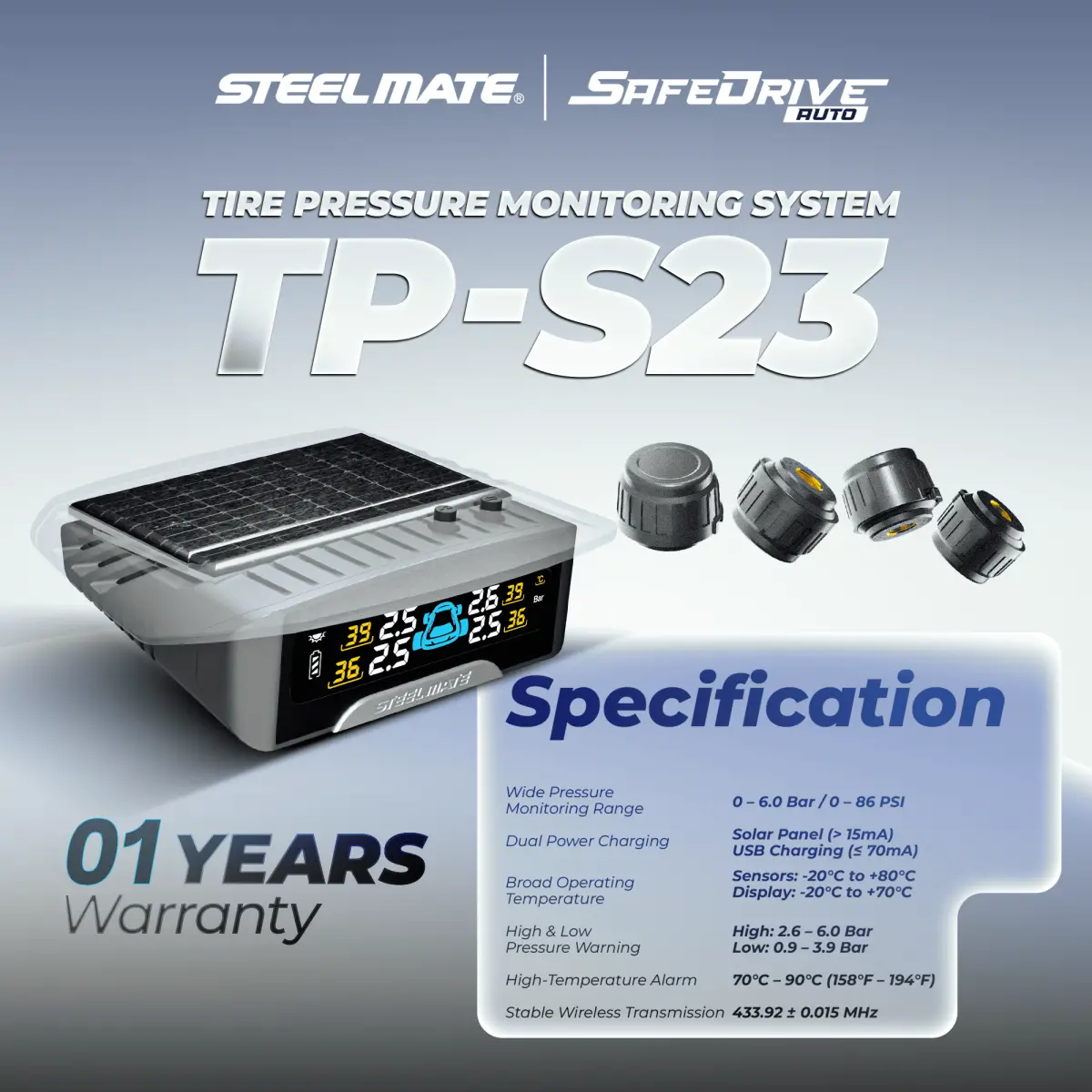 STEELMATE TP-S23 TPMS Tyre Pressure Monitoring System External Valve Solar LCD Display
