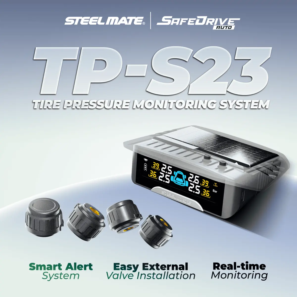 STEELMATE TP-S23 TPMS Tyre Pressure Monitoring System External Valve Solar LCD Display