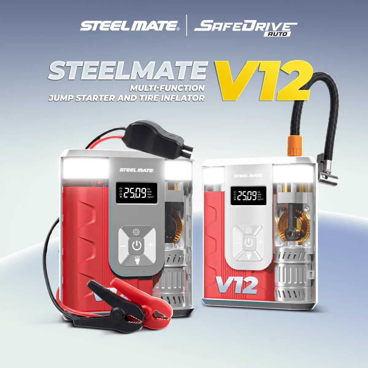 STEELMATE V12 3-in-1 Car Jump Starter and Tyre Inflator 800A 150PSI 12000mAh Portable Power Bank