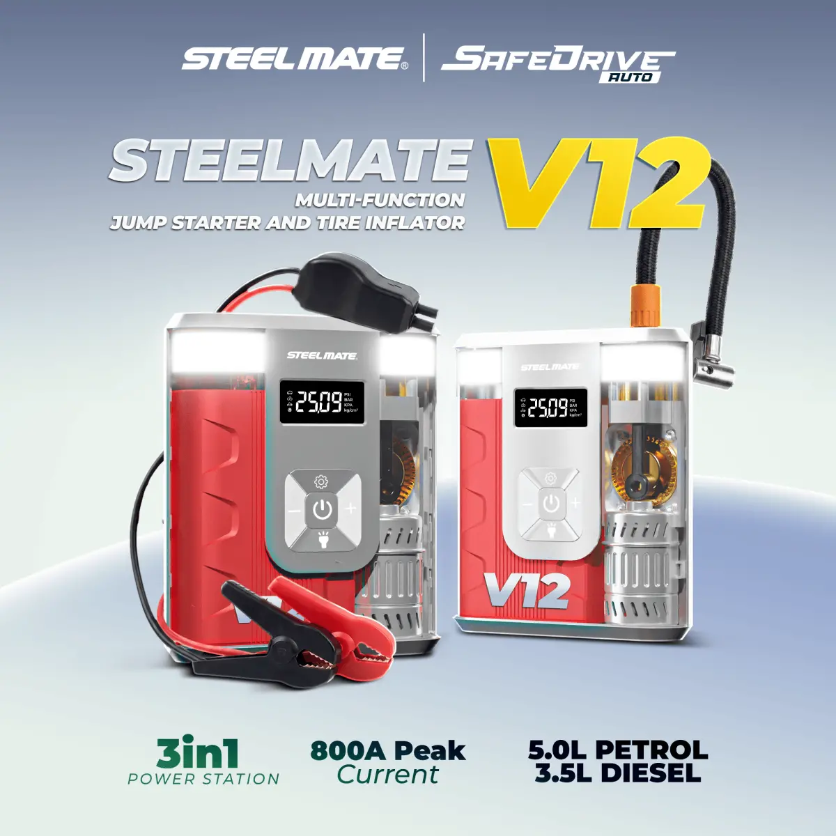 STEELMATE V12 3-in-1 Car Jump Starter and Tyre Inflator 800A 150PSI 12000mAh Portable Power Bank