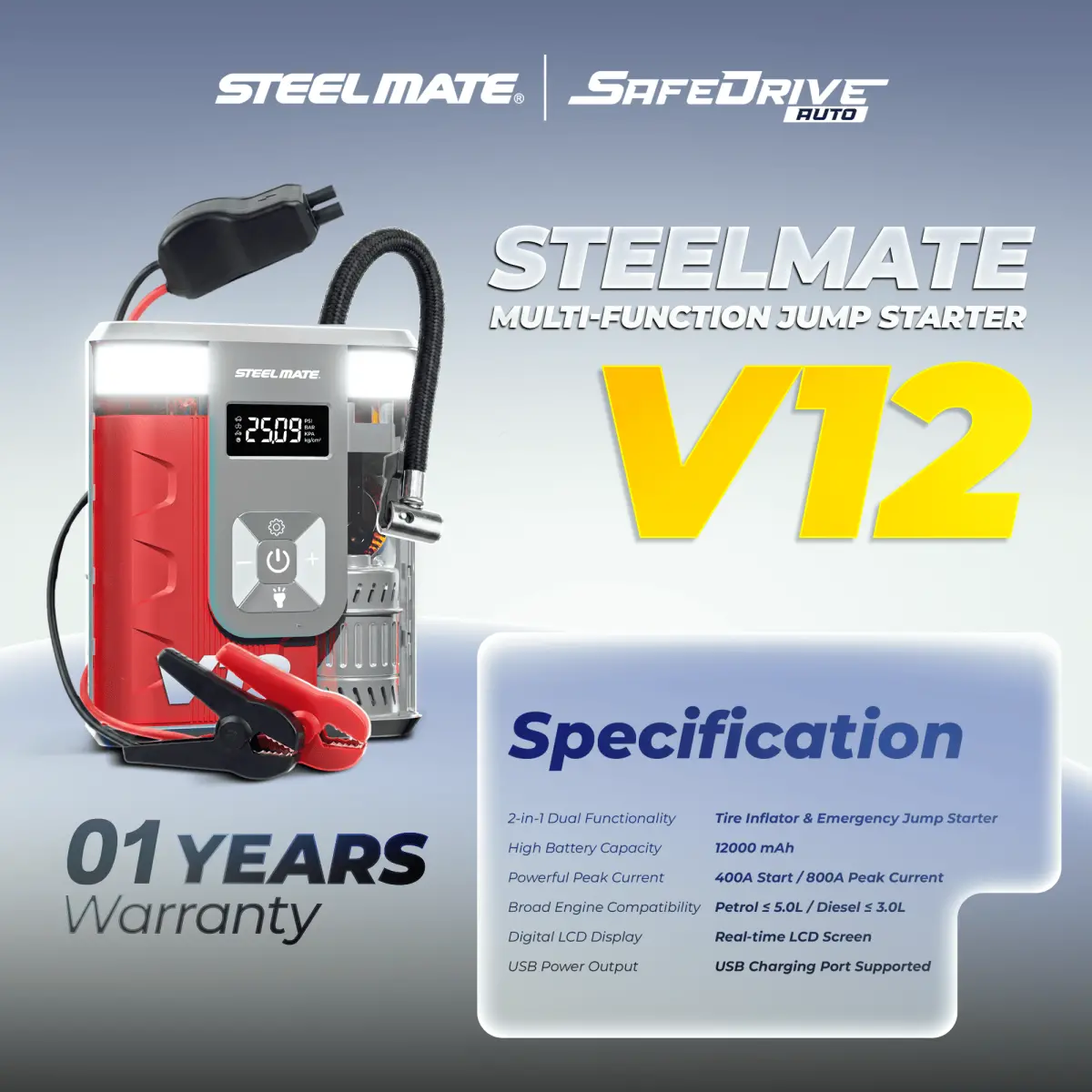 STEELMATE V12 3-in-1 Car Jump Starter and Tyre Inflator 800A 150PSI 12000mAh Portable Power Bank