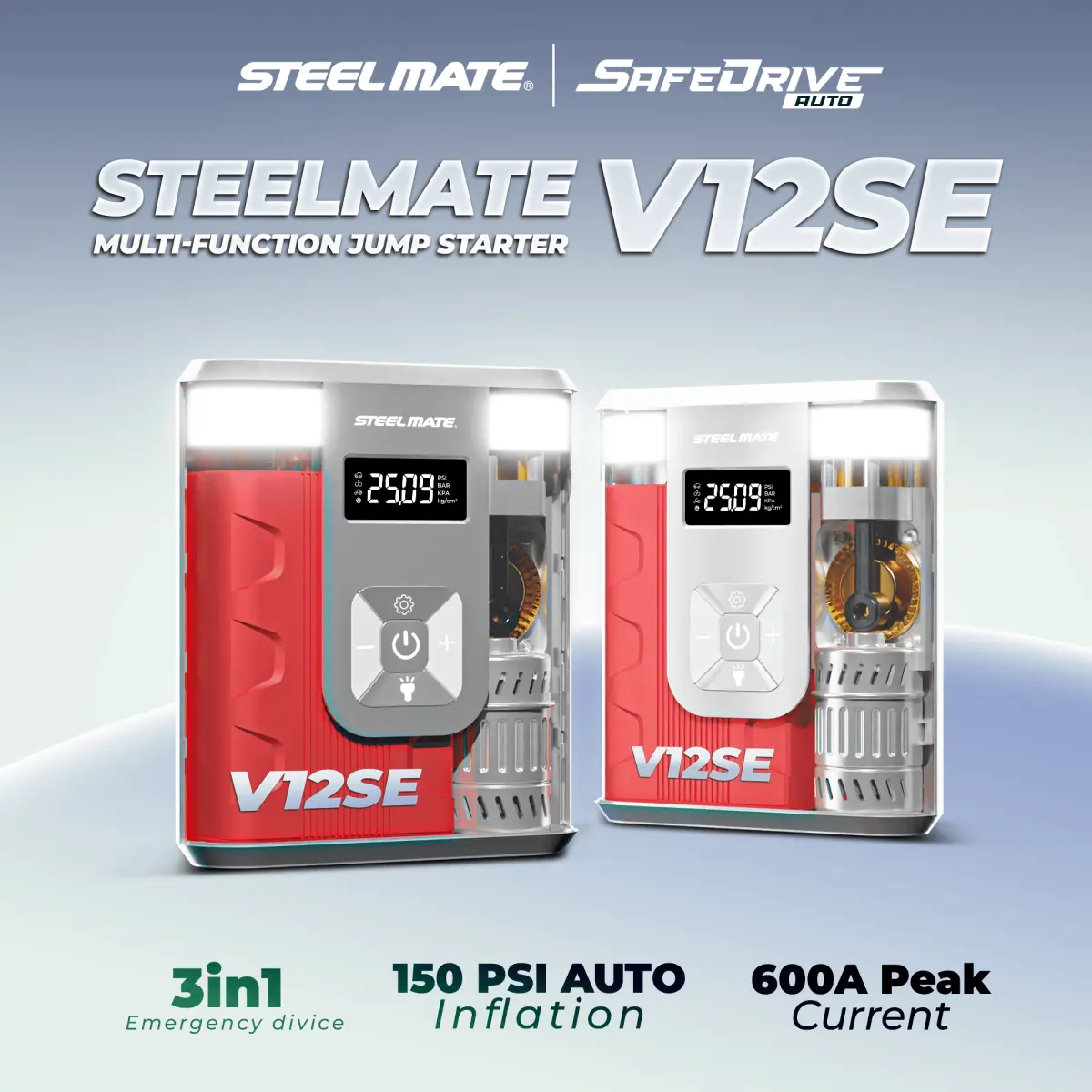 STEELMATE V12SE Car Jump Starter with Tyre Inflator 600A 150PSI 8800mAh Power Bank