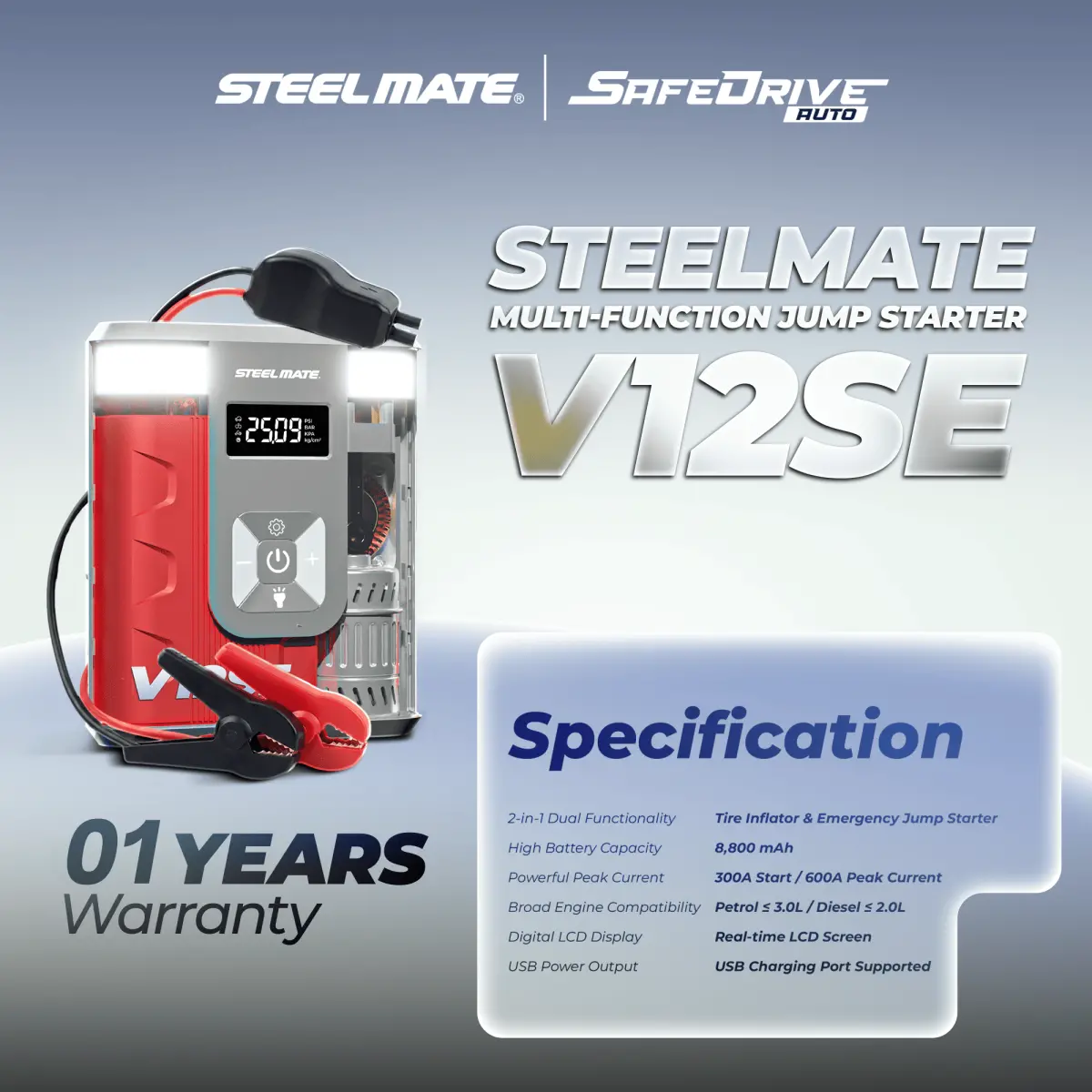 STEELMATE V12SE Car Jump Starter with Tyre Inflator 600A 150PSI 8800mAh Power Bank